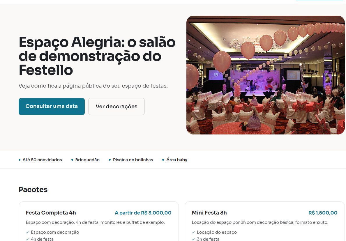 Página pública de um espaço de festas no Festello, com foto do salão, botão de consultar data e decorações
